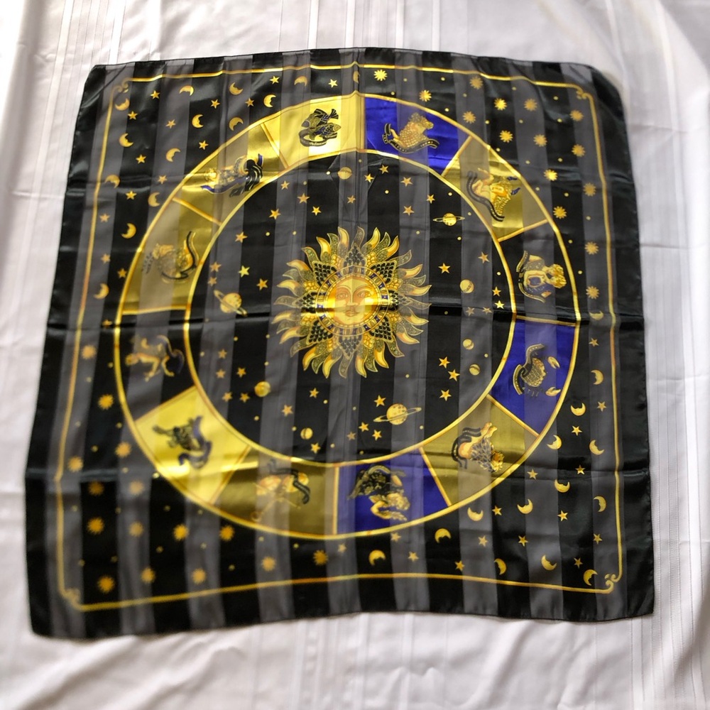 Vtg Gold and Blue Zodiac Striped Scarf